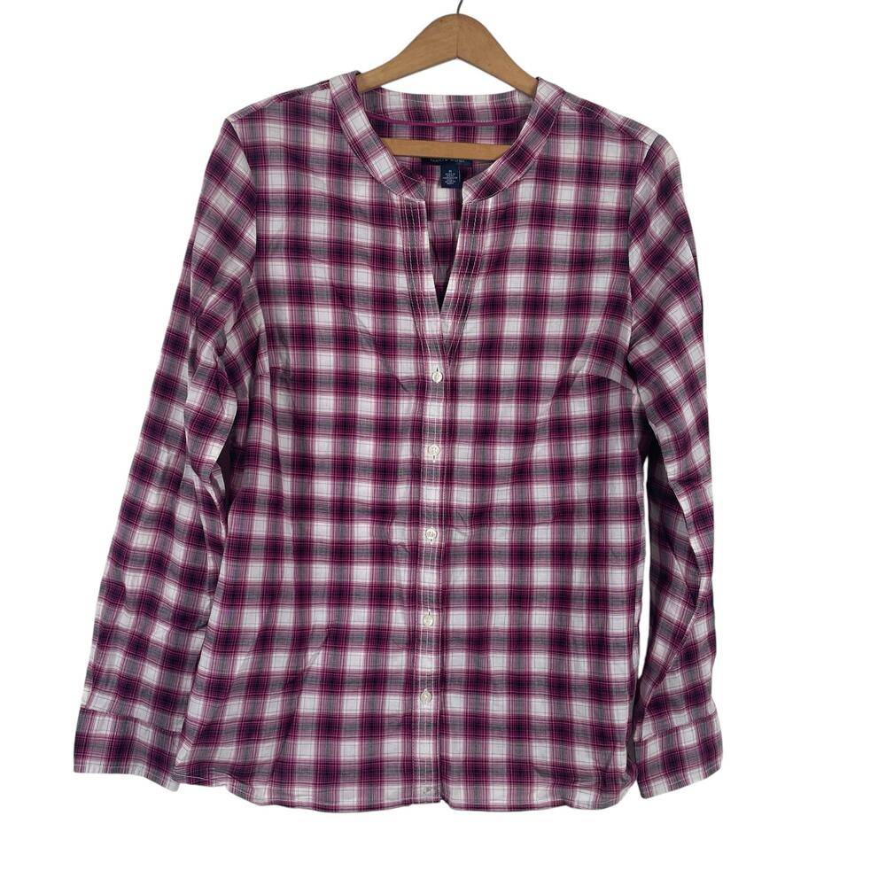Tommy Hilfiger Women Collarless Plaid Button Up Shirt Medium Retro Preppy